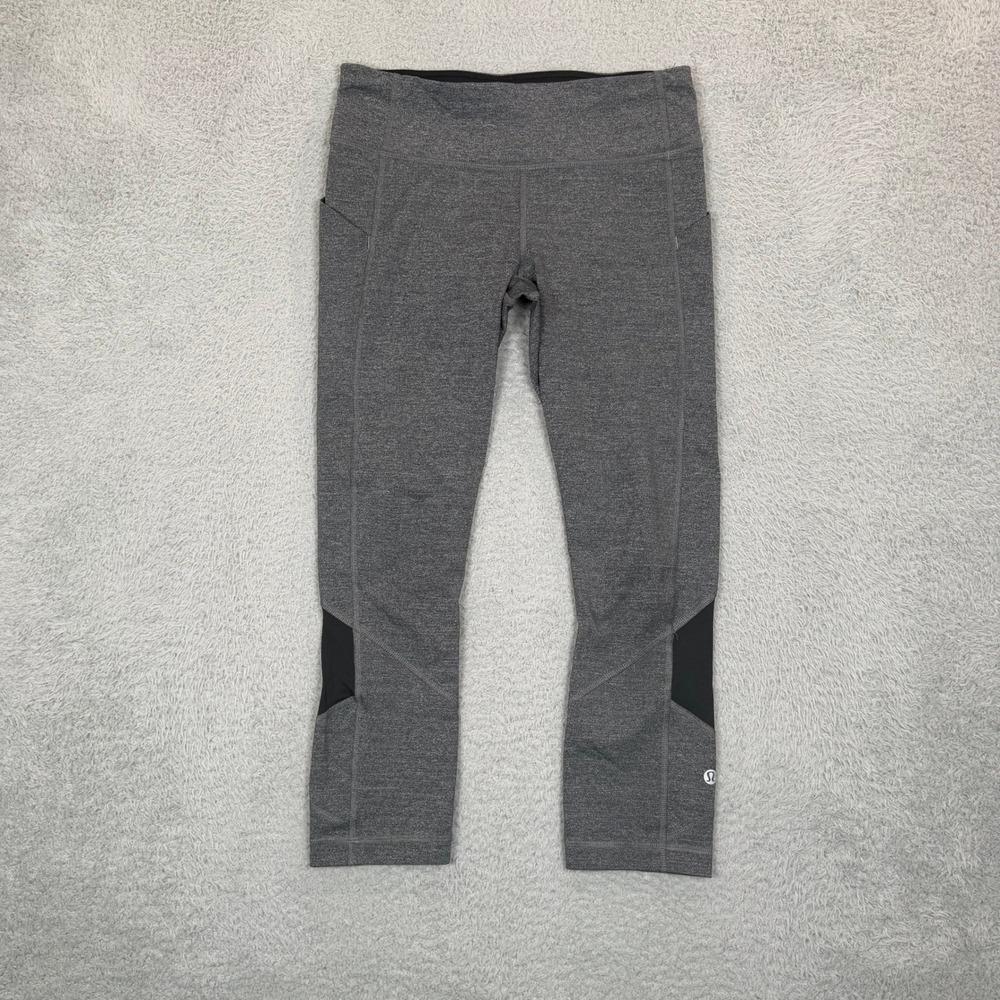 Lululemon Run Speed Crop Leggings Heathered Charcoal Grey Mesh Pockets Size 6